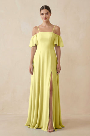 Off - the - Shoulder A - Line Chiffon Bridesmaid Dress in Buttercup - SHE IS ME Bridesmaid Dresses