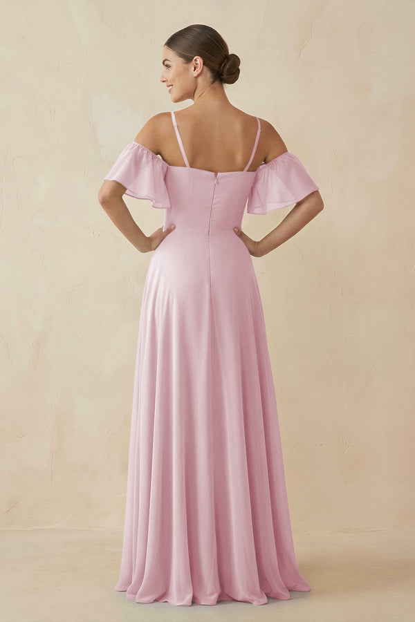 Off - the - Shoulder A - Line Chiffon Bridesmaid Dress in Candy Pink - SHE IS ME Bridesmaid Dresses