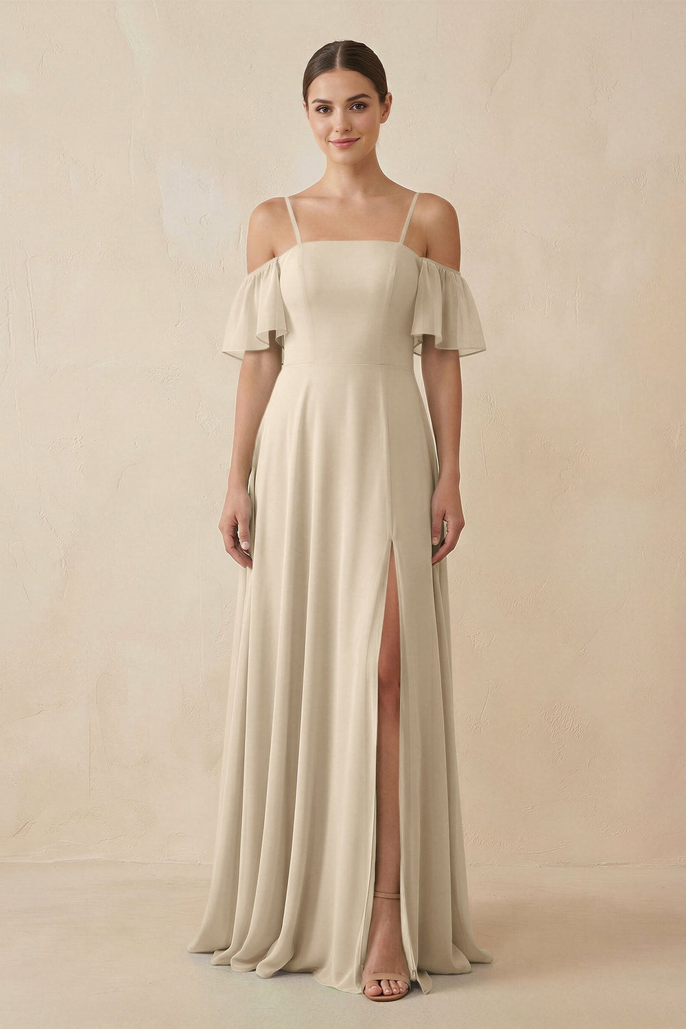 Off - the - Shoulder A - Line Chiffon Bridesmaid Dress in Champagne - SHE IS ME Bridesmaid Dresses
