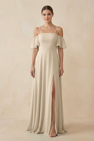 Off - the - Shoulder A - Line Chiffon Bridesmaid Dress in Champagne - SHE IS ME Bridesmaid Dresses
