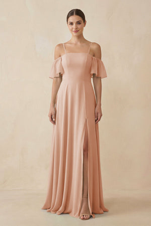 Off - the - Shoulder A - Line Chiffon Bridesmaid Dress in Champagne Rose - SHE IS ME Bridesmaid Dresses