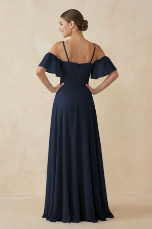 Off - the - Shoulder A - Line Chiffon Bridesmaid Dress in Dark Navy - SHE IS ME Bridesmaid Dresses