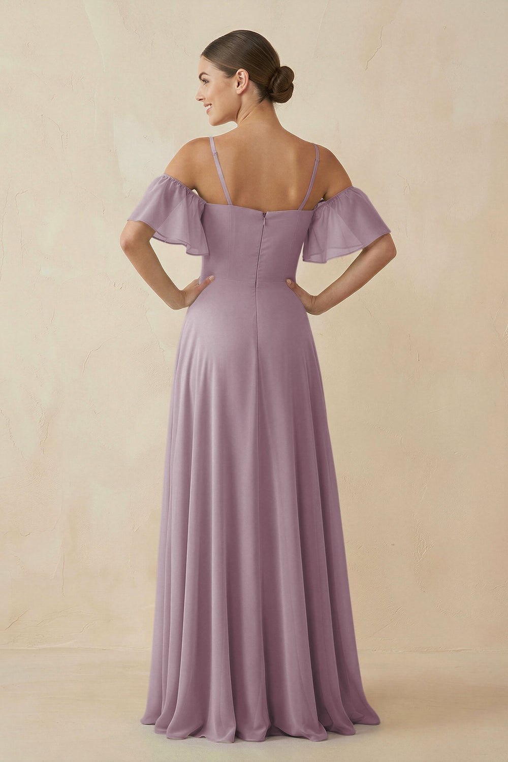 Off - the - Shoulder A - Line Chiffon Bridesmaid Dress in Dusk - SHE IS ME Bridesmaid Dresses
