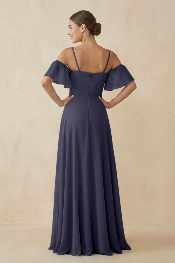 Off - the - Shoulder A - Line Chiffon Bridesmaid Dress in Dusk Blue - SHE IS ME Bridesmaid Dresses