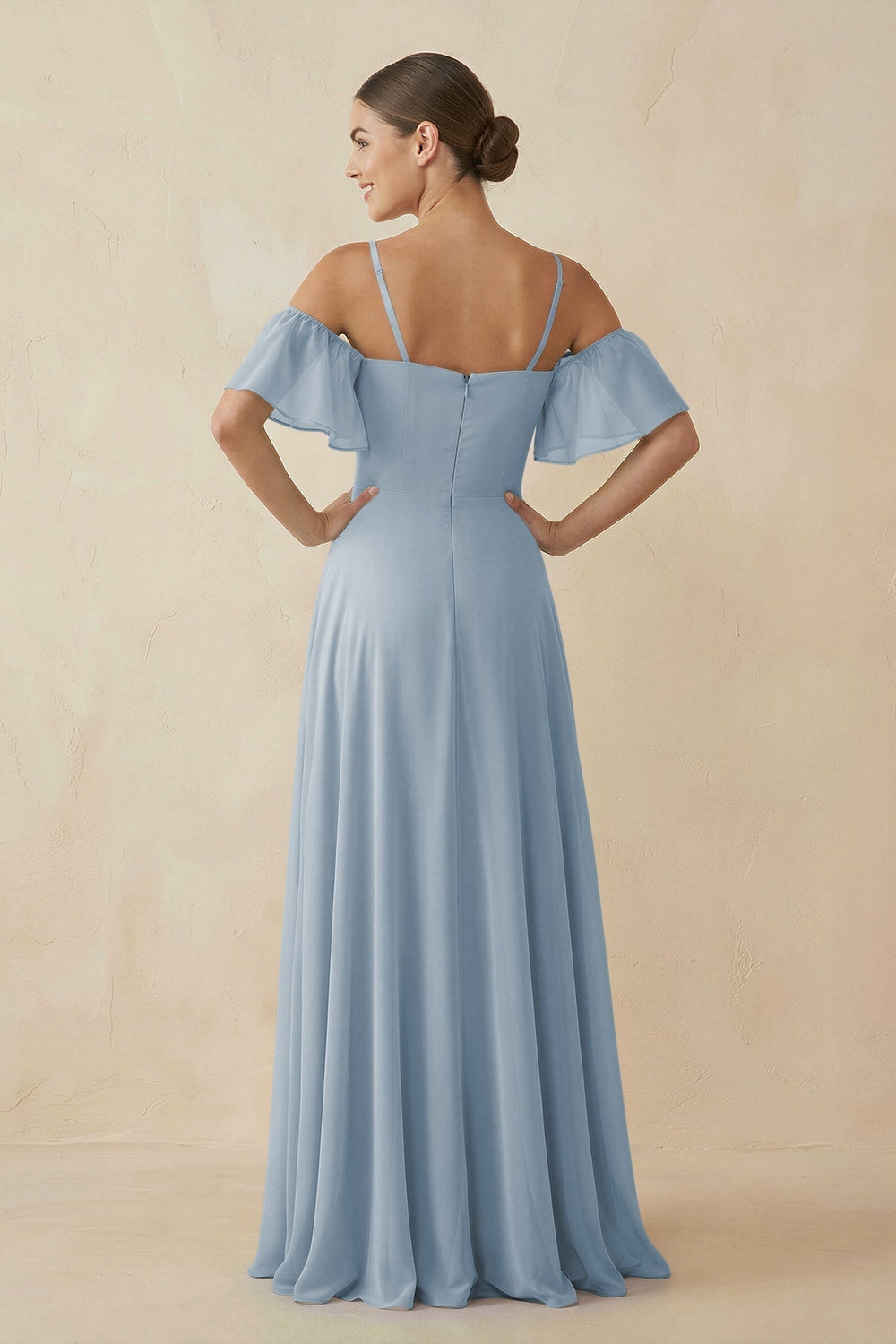Off - the - Shoulder A - Line Chiffon Bridesmaid Dress in Dusty Blue - SHE IS ME Bridesmaid Dresses
