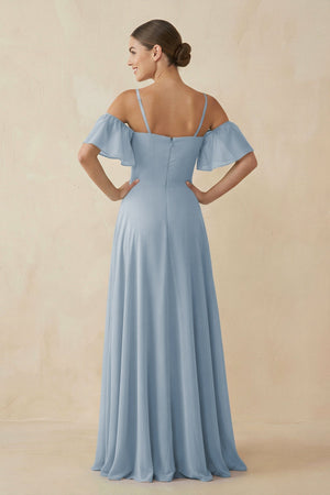 Off - the - Shoulder A - Line Chiffon Bridesmaid Dress in Dusty Blue - SHE IS ME Bridesmaid Dresses