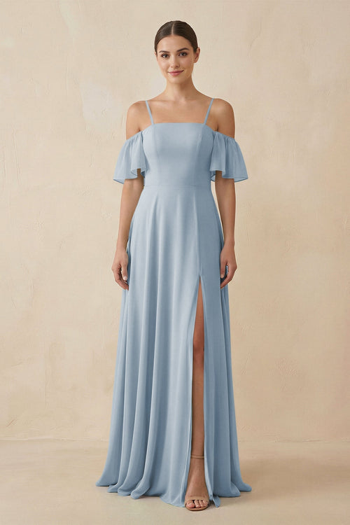 Off - the - Shoulder A - Line Chiffon Bridesmaid Dress in Dusty Blue - SHE IS ME Bridesmaid Dresses