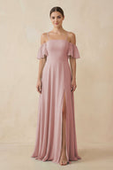 Off - the - Shoulder A - Line Chiffon Bridesmaid Dress in Dusty Rose - SHE IS ME Bridesmaid Dresses