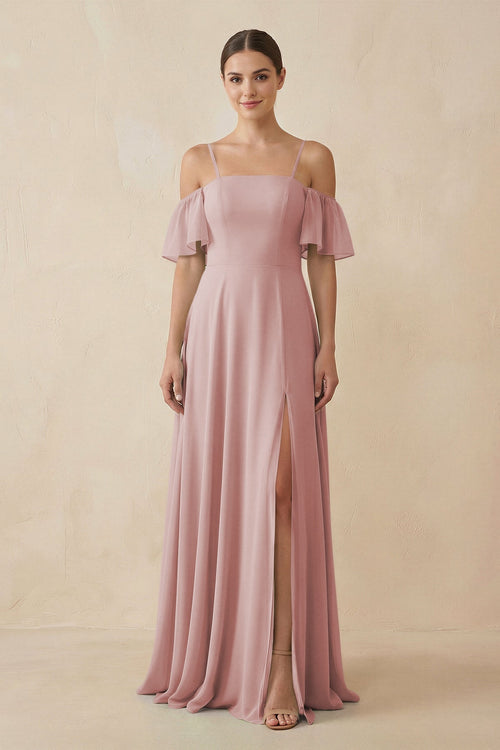 Off - the - Shoulder A - Line Chiffon Bridesmaid Dress in Dusty Rose - SHE IS ME Bridesmaid Dresses