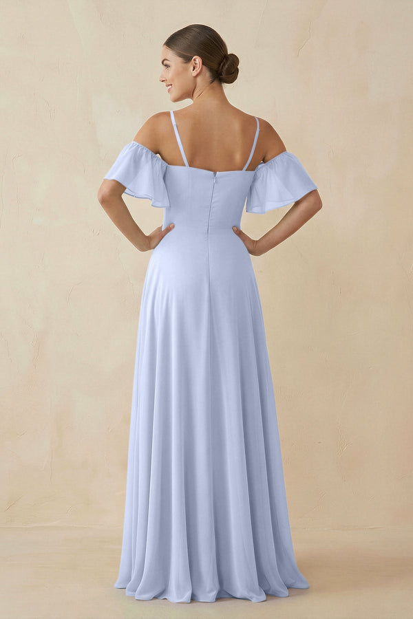 Off - the - Shoulder A - Line Chiffon Bridesmaid Dress in Ice - SHE IS ME Bridesmaid Dresses
