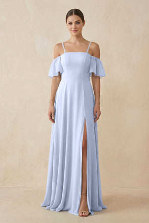 Off - the - Shoulder A - Line Chiffon Bridesmaid Dress in Ice - SHE IS ME Bridesmaid Dresses