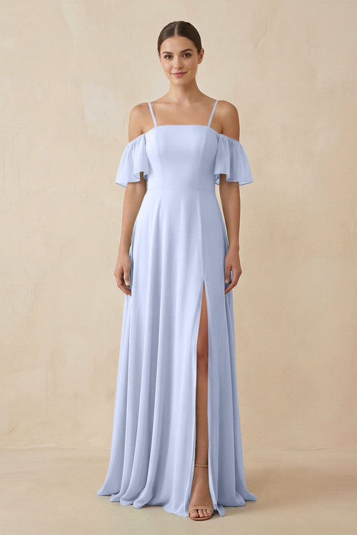 Off - the - Shoulder A - Line Chiffon Bridesmaid Dress in Ice - SHE IS ME Bridesmaid Dresses