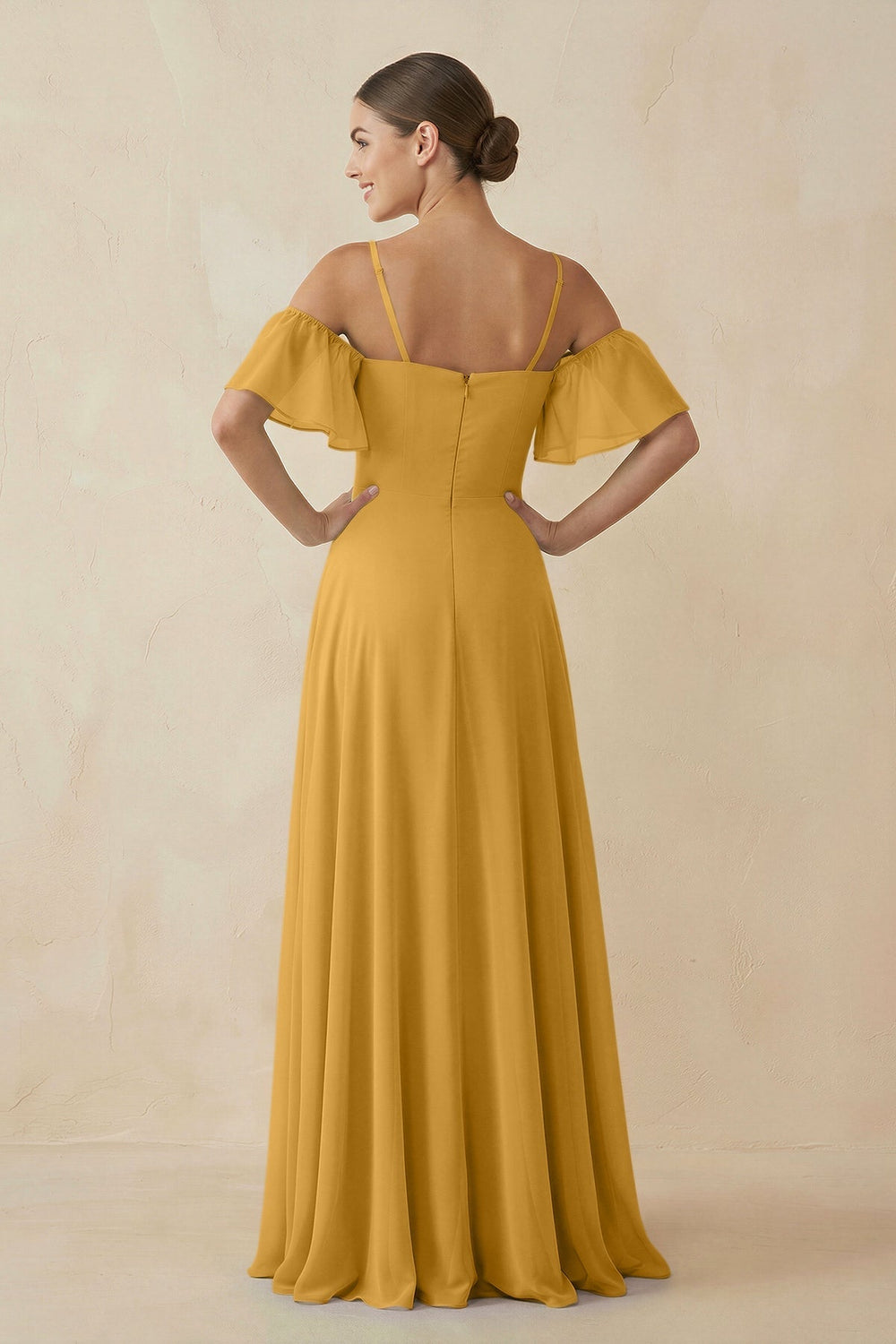 Off - the - Shoulder A - Line Chiffon Bridesmaid Dress in Marigold - SHE IS ME Bridesmaid Dresses