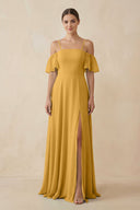 Off - the - Shoulder A - Line Chiffon Bridesmaid Dress in Marigold - SHE IS ME Bridesmaid Dresses