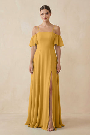 Off - the - Shoulder A - Line Chiffon Bridesmaid Dress in Marigold - SHE IS ME Bridesmaid Dresses