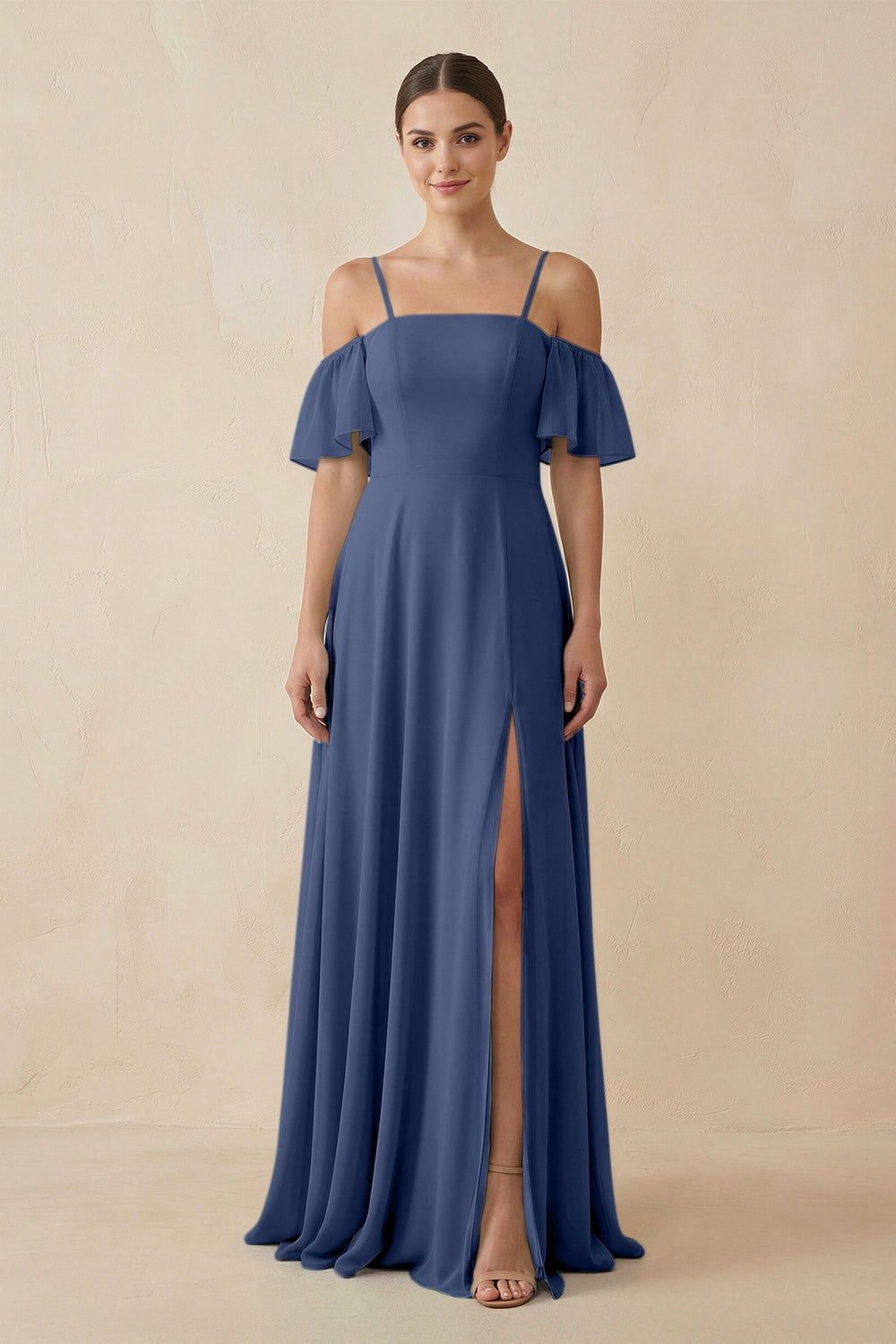 Off - the - Shoulder A - Line Chiffon Bridesmaid Dress in Navy - SHE IS ME Bridesmaid Dresses