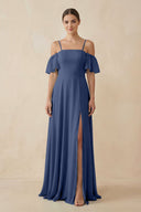 Off - the - Shoulder A - Line Chiffon Bridesmaid Dress in Navy - SHE IS ME Bridesmaid Dresses