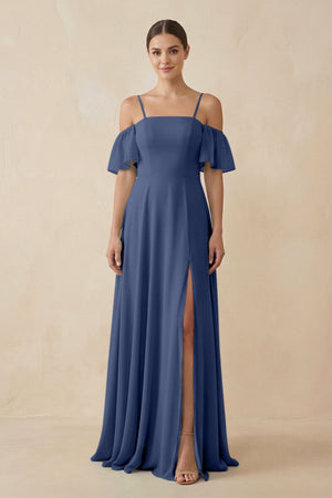 Off - the - Shoulder A - Line Chiffon Bridesmaid Dress in Navy - SHE IS ME Bridesmaid Dresses
