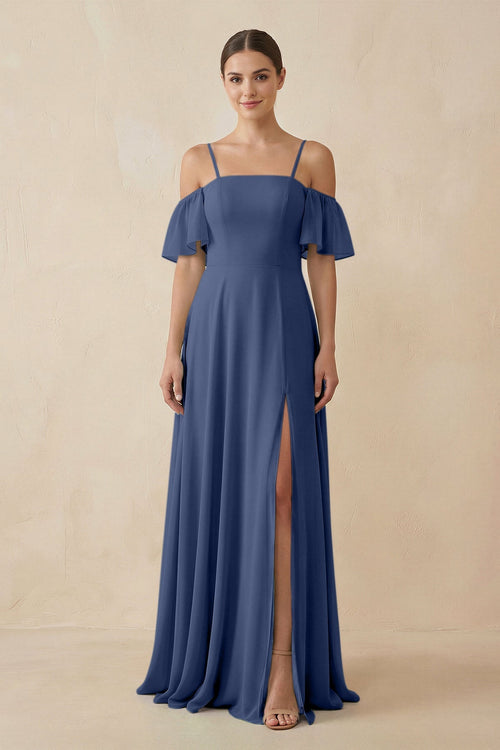Off - the - Shoulder A - Line Chiffon Bridesmaid Dress in Navy - SHE IS ME Bridesmaid Dresses