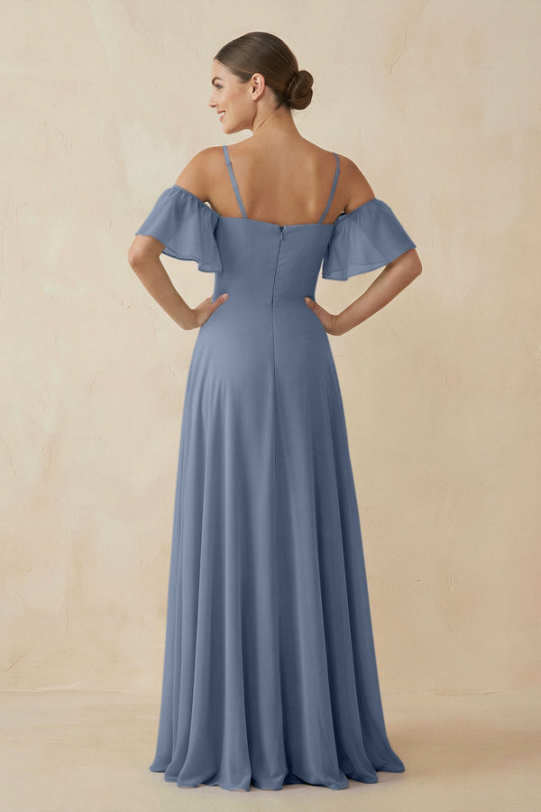 Off - the - Shoulder A - Line Chiffon Bridesmaid Dress in Neptune - SHE IS ME Bridesmaid Dresses