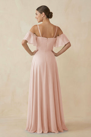 Off - the - Shoulder A - Line Chiffon Bridesmaid Dress in Pale Blush - SHE IS ME Bridesmaid Dresses