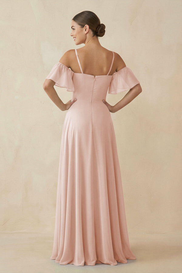 Off - the - Shoulder A - Line Chiffon Bridesmaid Dress in Pale Blush - SHE IS ME Bridesmaid Dresses