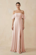 Off - the - Shoulder A - Line Chiffon Bridesmaid Dress in Pale Blush - SHE IS ME Bridesmaid Dresses