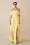 Off - the - Shoulder A - Line Chiffon Bridesmaid Dress in Pastel Yellow - SHE IS ME Bridesmaid Dresses