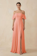 Off - the - Shoulder A - Line Chiffon Bridesmaid Dress in Rosette - SHE IS ME Bridesmaid Dresses