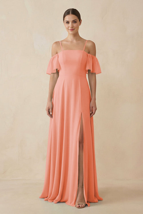 Off - the - Shoulder A - Line Chiffon Bridesmaid Dress in Rosette - SHE IS ME Bridesmaid Dresses