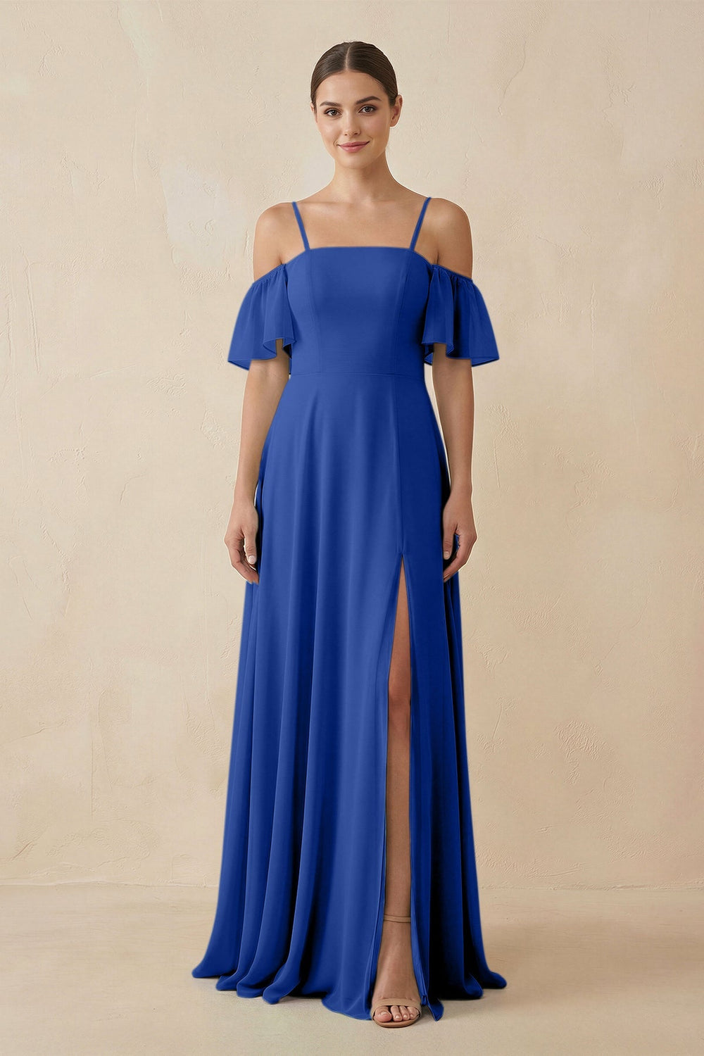 Off - the - Shoulder A - Line Chiffon Bridesmaid Dress in Royal Blue - SHE IS ME Bridesmaid Dresses