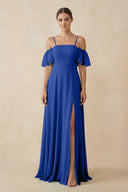 Off - the - Shoulder A - Line Chiffon Bridesmaid Dress in Royal Blue - SHE IS ME Bridesmaid Dresses