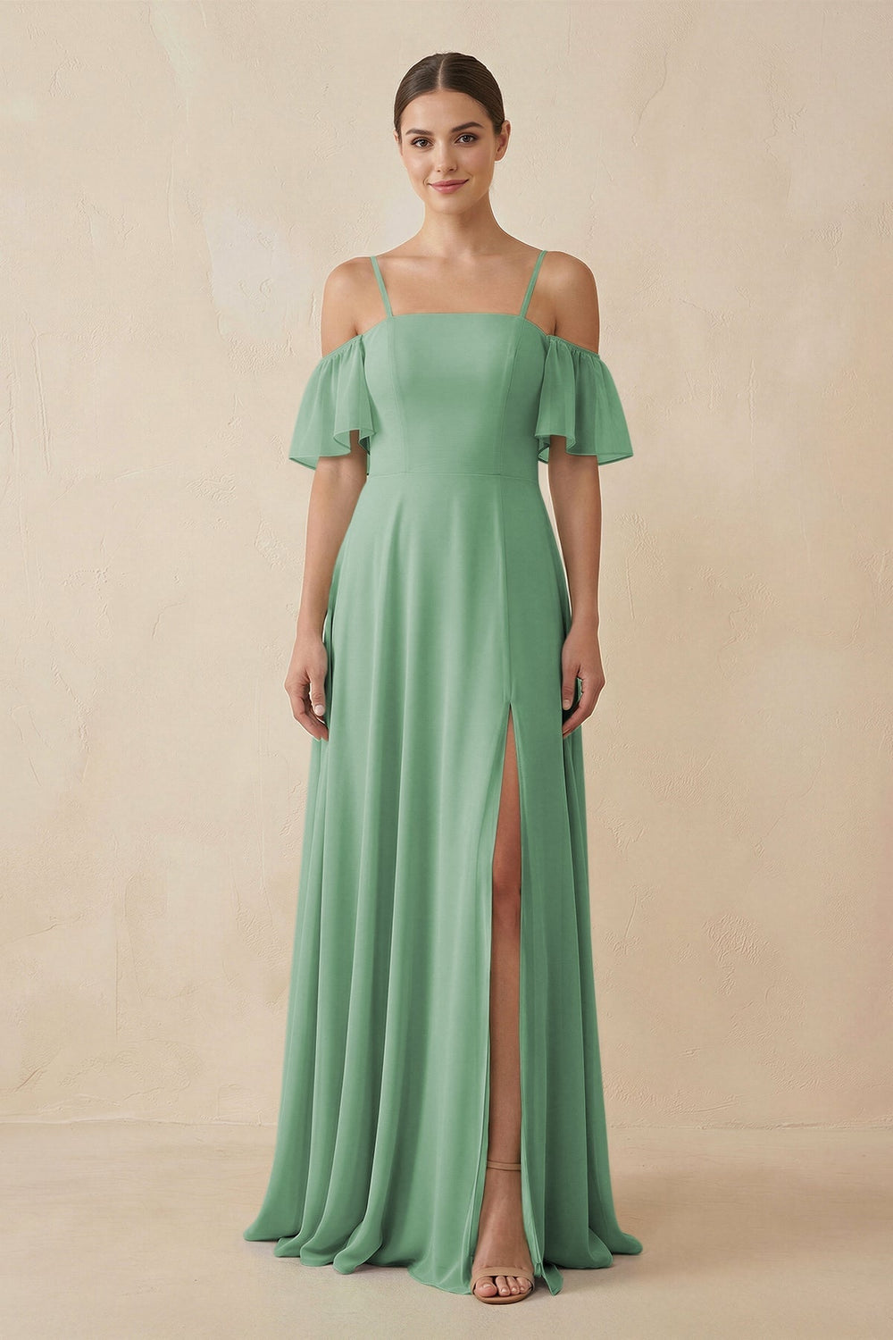 Off - the - Shoulder A - Line Chiffon Bridesmaid Dress in Sea Glass - SHE IS ME Bridesmaid Dresses