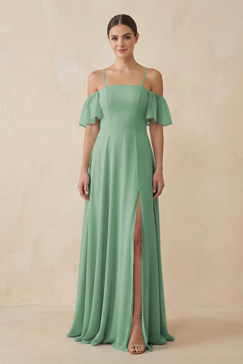 Off - the - Shoulder A - Line Chiffon Bridesmaid Dress in Sea Glass - SHE IS ME Bridesmaid Dresses