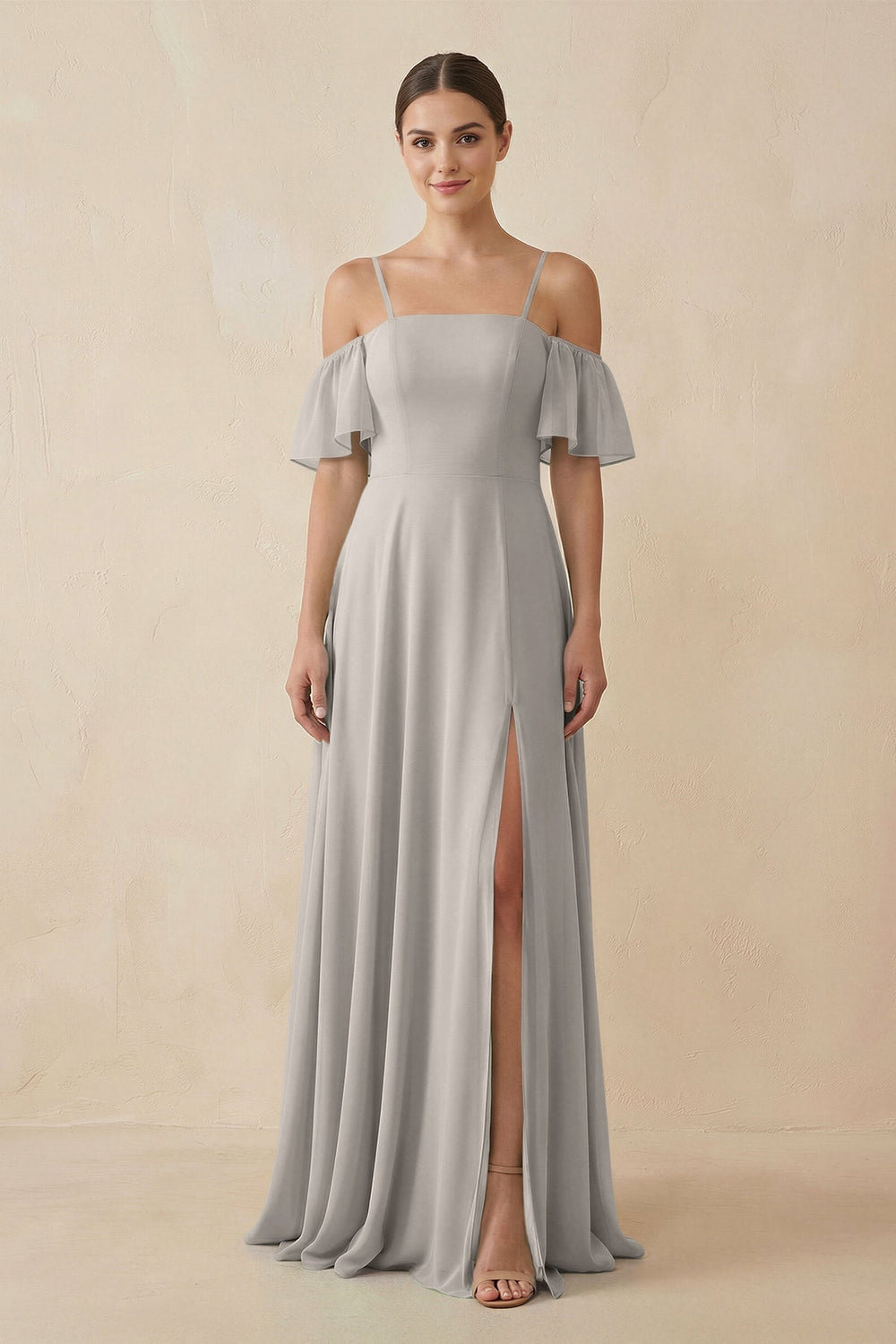 Off - the - Shoulder A - Line Chiffon Bridesmaid Dress in Silver - SHE IS ME Bridesmaid Dresses