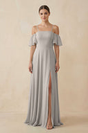 Off - the - Shoulder A - Line Chiffon Bridesmaid Dress in Silver - SHE IS ME Bridesmaid Dresses