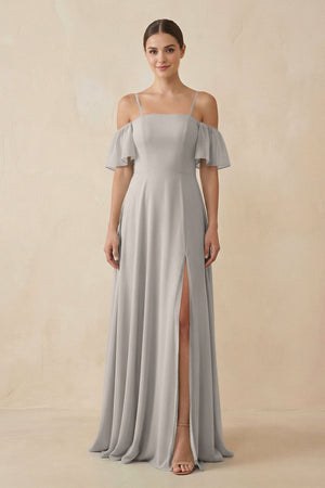 Off - the - Shoulder A - Line Chiffon Bridesmaid Dress in Silver - SHE IS ME Bridesmaid Dresses