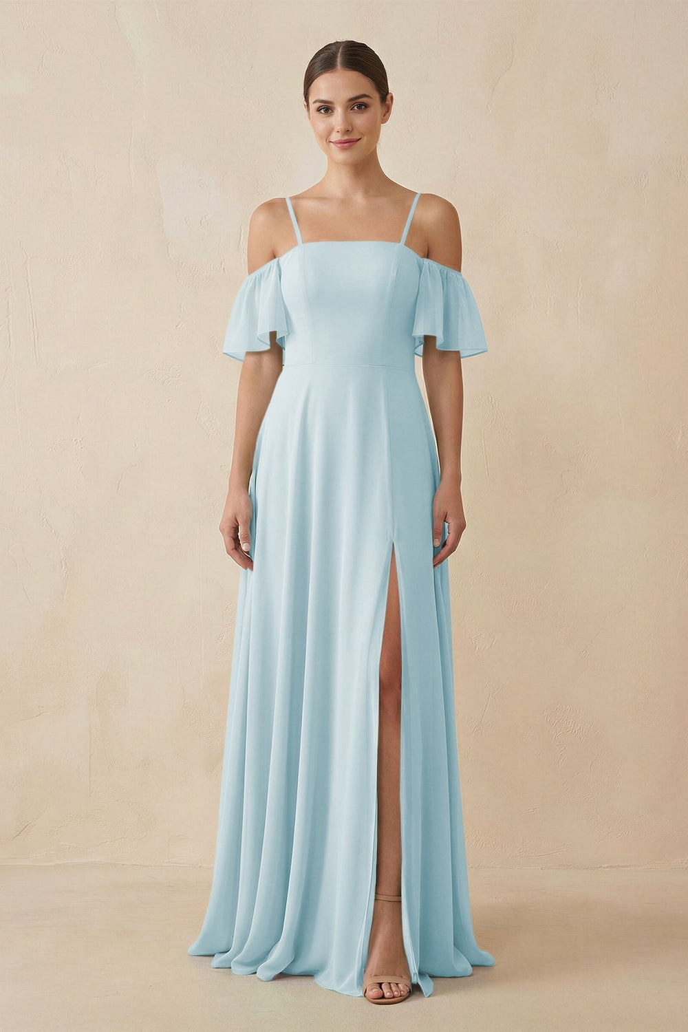 Off - the - Shoulder A - Line Chiffon Bridesmaid Dress in Sky Blue - SHE IS ME Bridesmaid Dresses