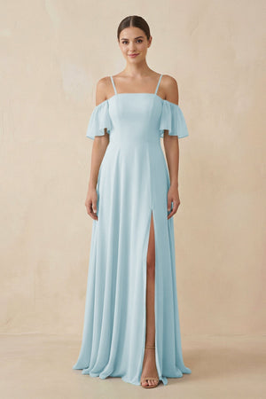 Off - the - Shoulder A - Line Chiffon Bridesmaid Dress in Sky Blue - SHE IS ME Bridesmaid Dresses