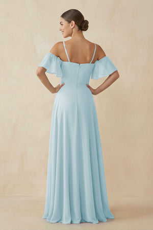 Off - the - Shoulder A - Line Chiffon Bridesmaid Dress in Sky Blue - SHE IS ME Bridesmaid Dresses