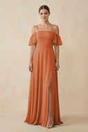 Off - the - Shoulder A - Line Chiffon Bridesmaid Dress in Terracotta - SHE IS ME Bridesmaid Dresses