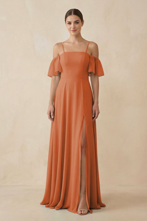 Off - the - Shoulder A - Line Chiffon Bridesmaid Dress in Terracotta - SHE IS ME Bridesmaid Dresses