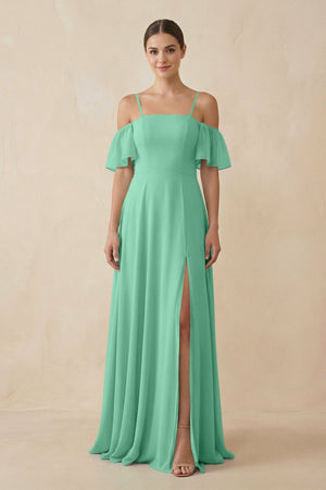 Off - the - Shoulder A - Line Chiffon Bridesmaid Dress in Turquoise - SHE IS ME Bridesmaid Dresses