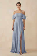 Off - the - Shoulder A - Line Chiffon Bridesmaid Dress in Twilight - SHE IS ME Bridesmaid Dresses