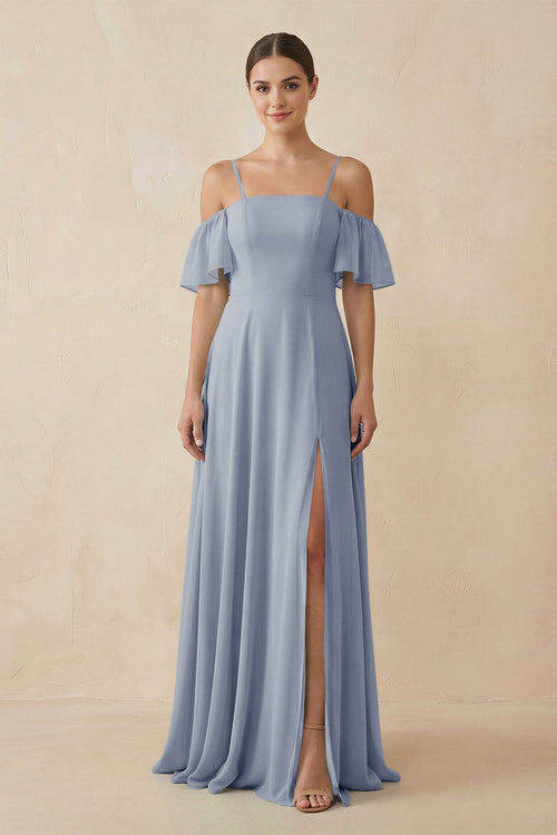 Off - the - Shoulder A - Line Chiffon Bridesmaid Dress in Twilight - SHE IS ME Bridesmaid Dresses