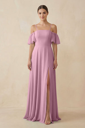 Off - the - Shoulder A - Line Chiffon Bridesmaid Dress in Vintage Mauve - SHE IS ME Bridesmaid Dresses