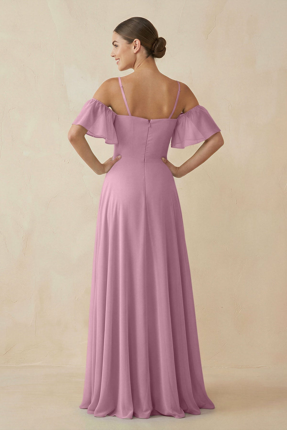 Off - the - Shoulder A - Line Chiffon Bridesmaid Dress in Vintage Mauve - SHE IS ME Bridesmaid Dresses