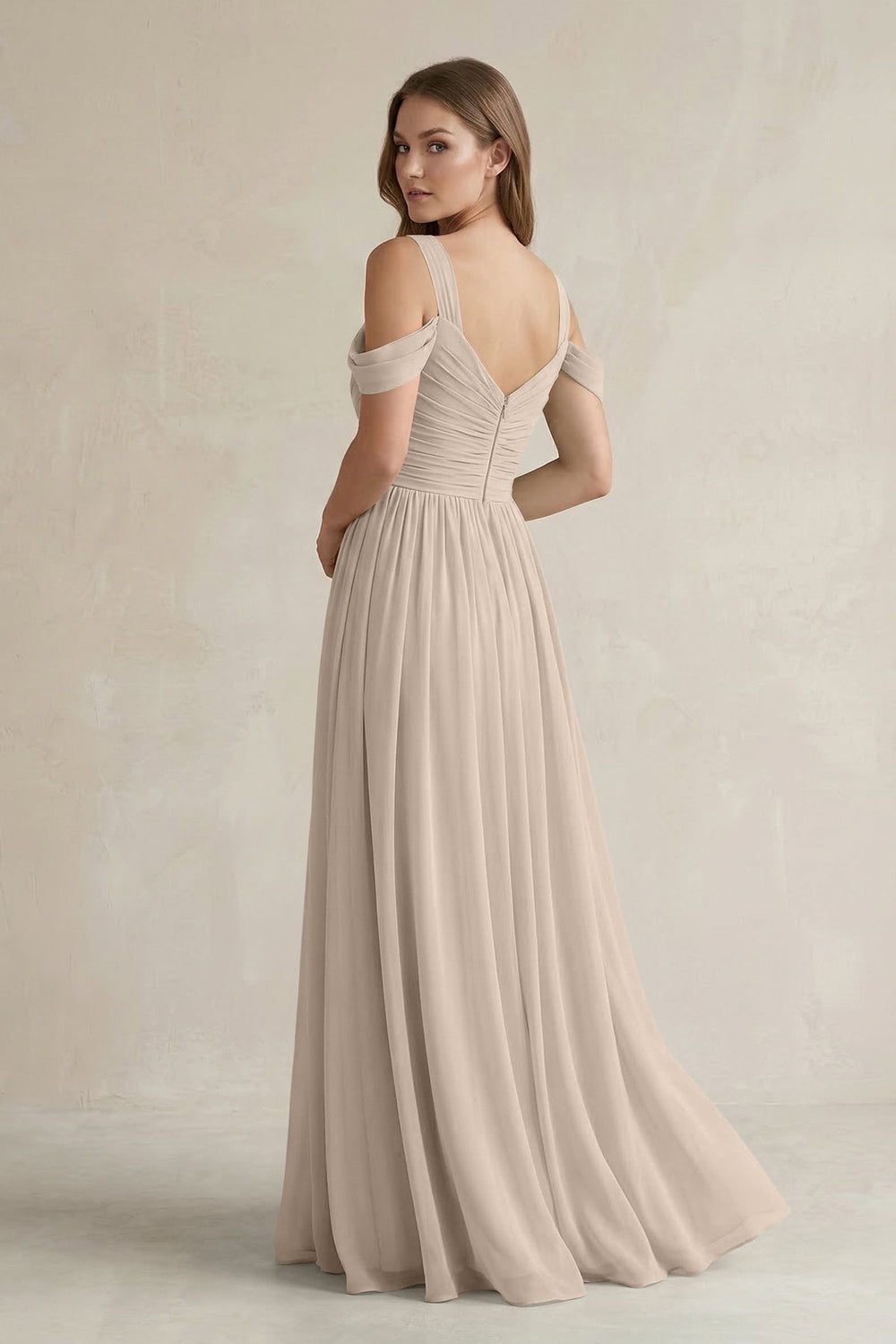 Off - the - Shoulder A - Line Chiffon Bridesmaid Dress With Slit in Almond - SHE IS ME Bridesmaid Dresses