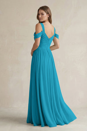 Off - the - Shoulder A - Line Chiffon Bridesmaid Dress With Slit in Blue Jay - SHE IS ME Bridesmaid Dresses
