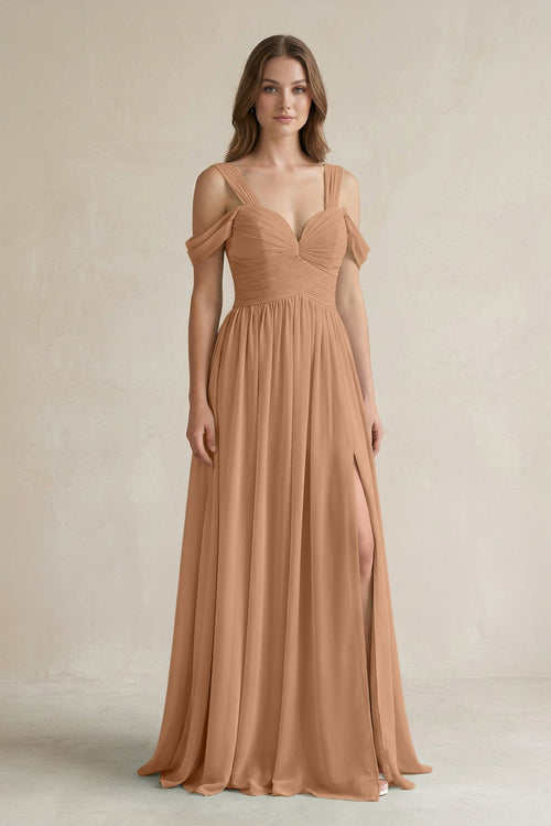 Off - the - Shoulder A - Line Chiffon Bridesmaid Dress With Slit in Bronzer - SHE IS ME Bridesmaid Dresses